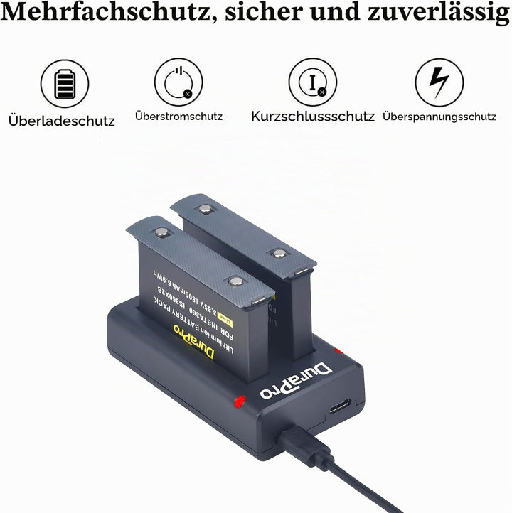 DuraPro 2X 1800mAh Akku + Dual USB Ladegerät mit Typ C-Port für Insta360 ONE X2 Kamera