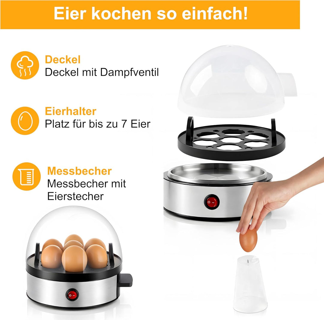 Elektrischer Eierkocher aus Edelstahl, für 1–7 Eier, mit Warmhaltefunktion, akustischer Signalton, B