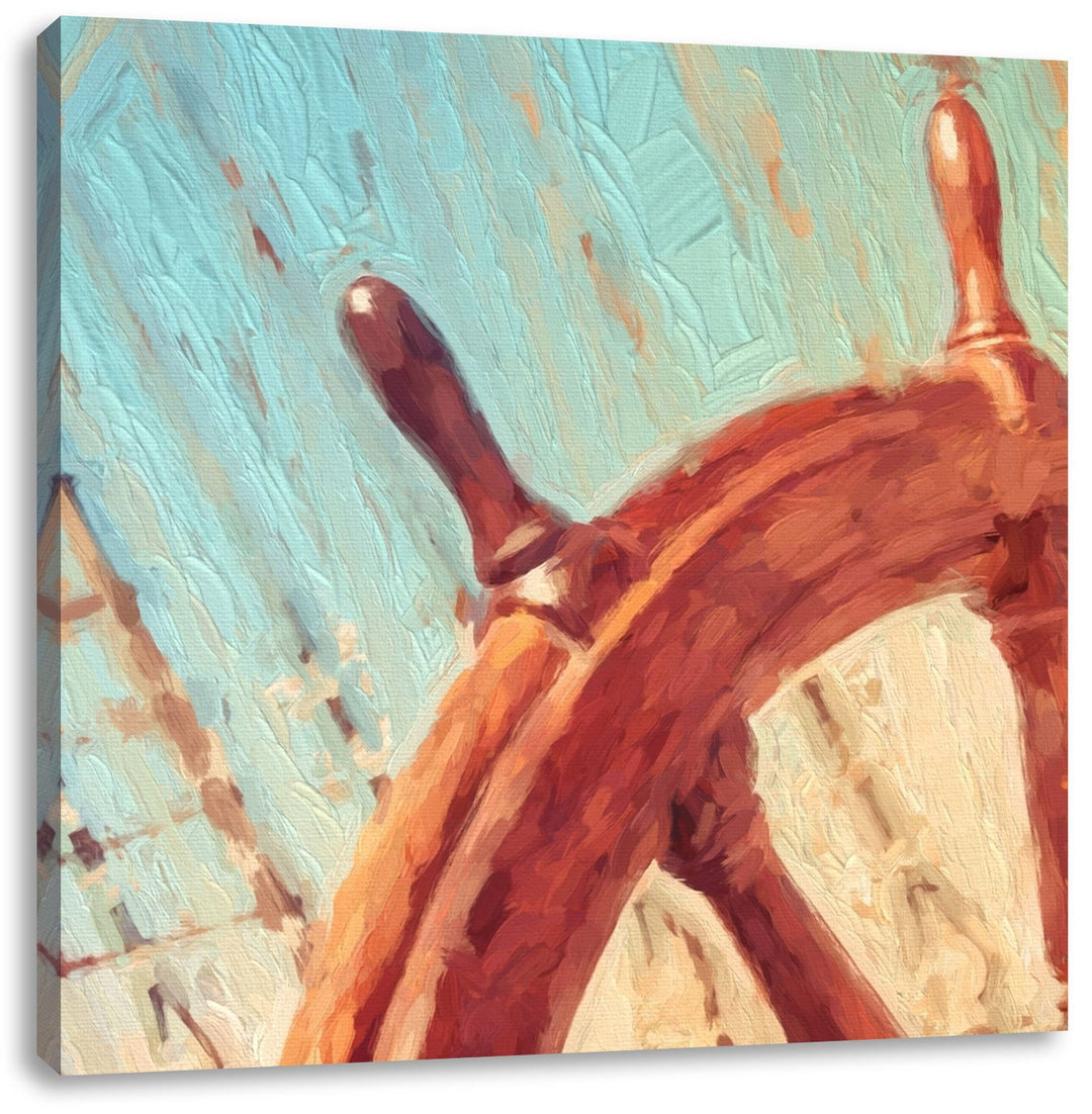Pixxprint Steuerrad auf einem Schiff 70x70cm Leinwandbild Wandbild Kunstdruck, 70x70