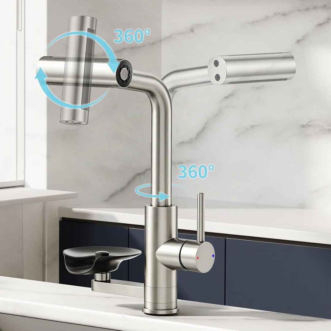 360° drehbarer Wasserhahn Küche ausziehbar mit Brause, wasserfall Mischbatterie Küche mit Gläserspül