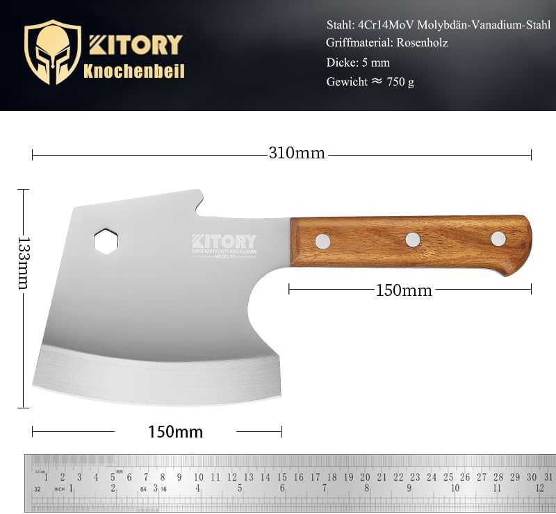 Kitory Hackmesser 15 cm Klinge, Küchenbeil für gefrorenes Fleisch und grosse Knochen, Extrem Scharf