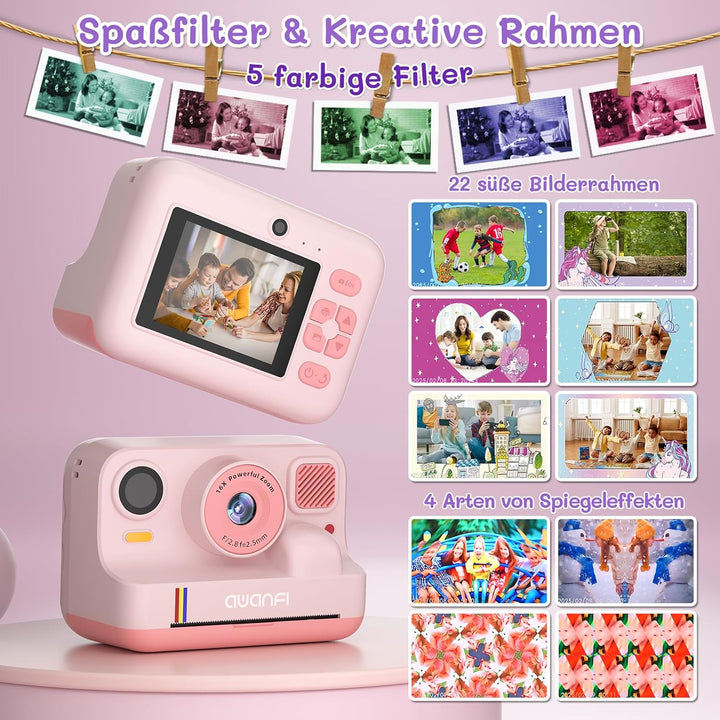 Kinderkamera Sofortbildkamera, 2,4 Zoll Sofortbildkamera Kinder mit 32GB Karte & 3 Rollen Druckpapie