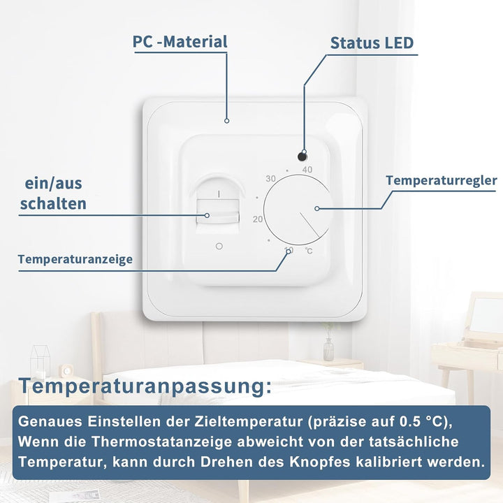 CNBINGO Drehknopf Digitaler Raumthermostat Unterputz mit Fühler, Geeignet für alle Arten von elektri