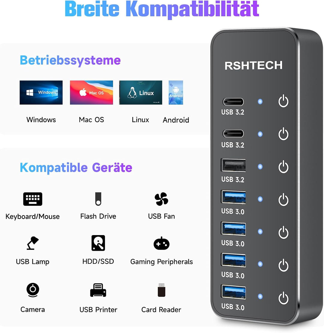 USB C 3.2 Hub Aktiv mit Netzteil, RSHTECH 7 Port USB 3.1 Gen2 Hub mit 3*10Gbps Datenports (Type-A, 2