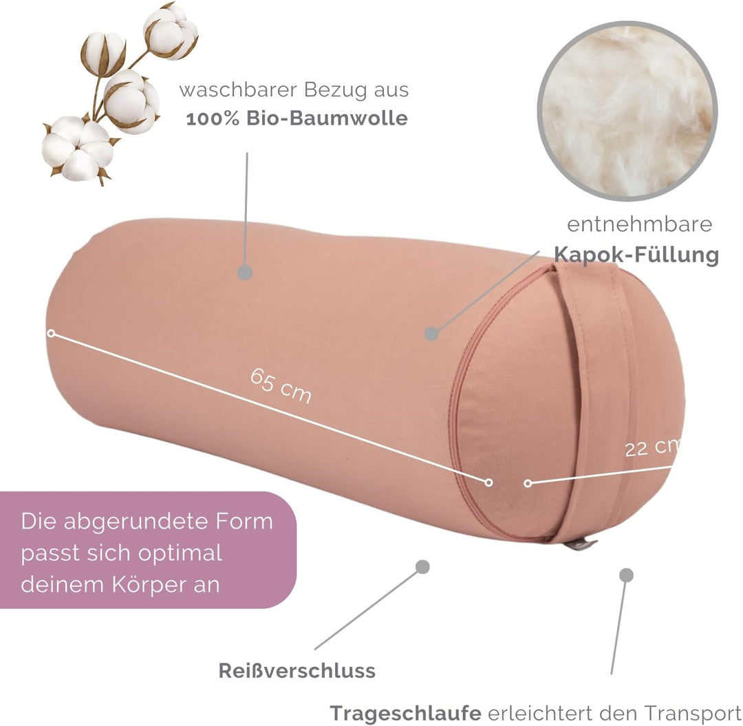 Bodhi Yoga Bolster | ECO Serie | Yogarolle mit Kapok-Füllung | Waschbarer Bezug aus 100% Bio-Baumwol