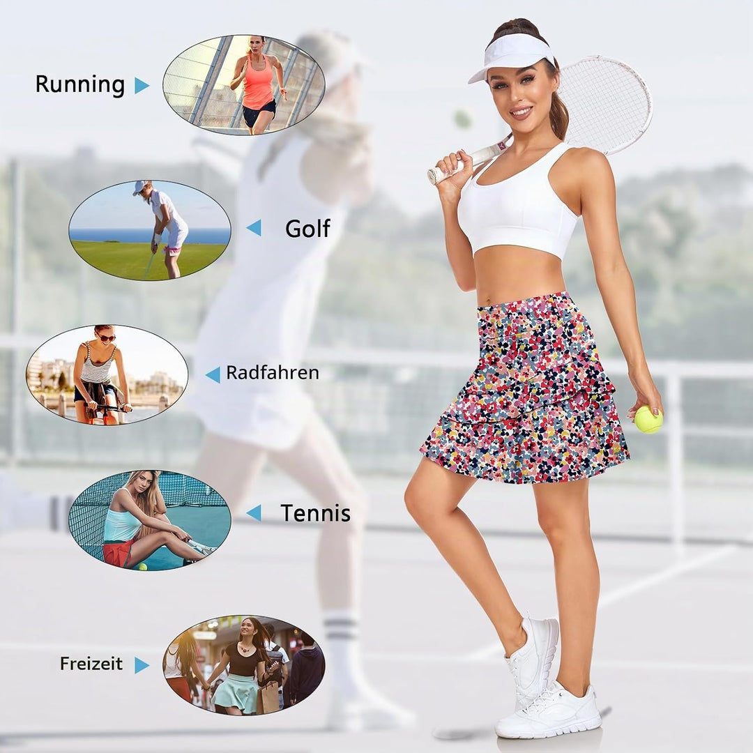 Soneven Hosenrock Damen Knielang Tennis Rock mit Hose Drunter Mädchen Pleated Wanderrock Sommer Spo