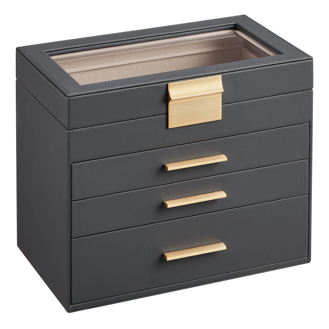SONGMICS Schmuckkästchen, Schmuckkasten mit 4 Ebenen, Schmuckbox mit Glasdeckel, 3 Schubladen, für S