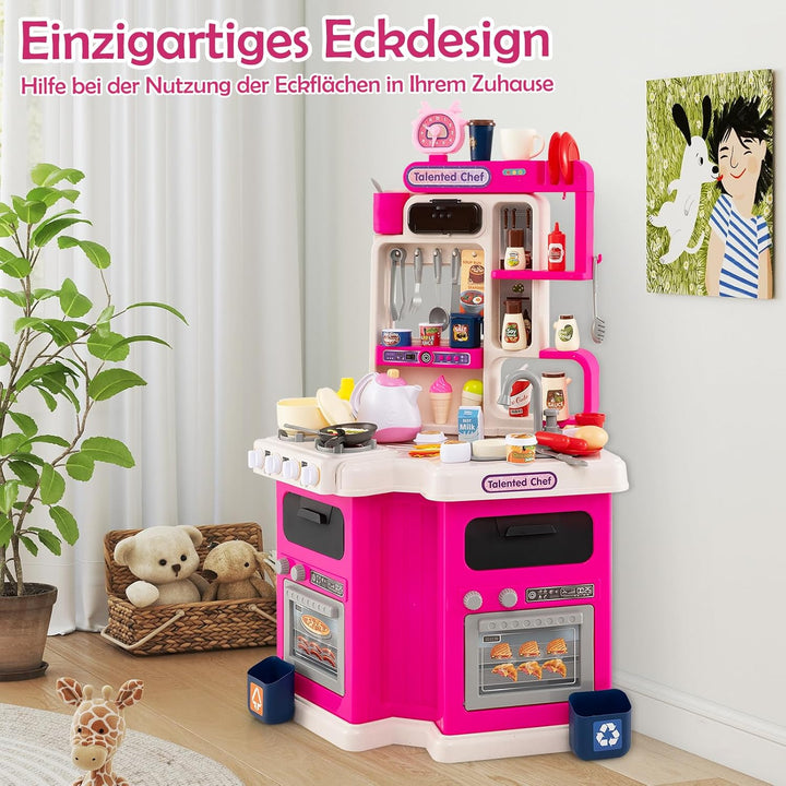 COSTWAY Kinderküche mit 113 Zubehör, Eck-Spielküche mit Licht, Sound & Dampf, Kinder Küche mit Kochh