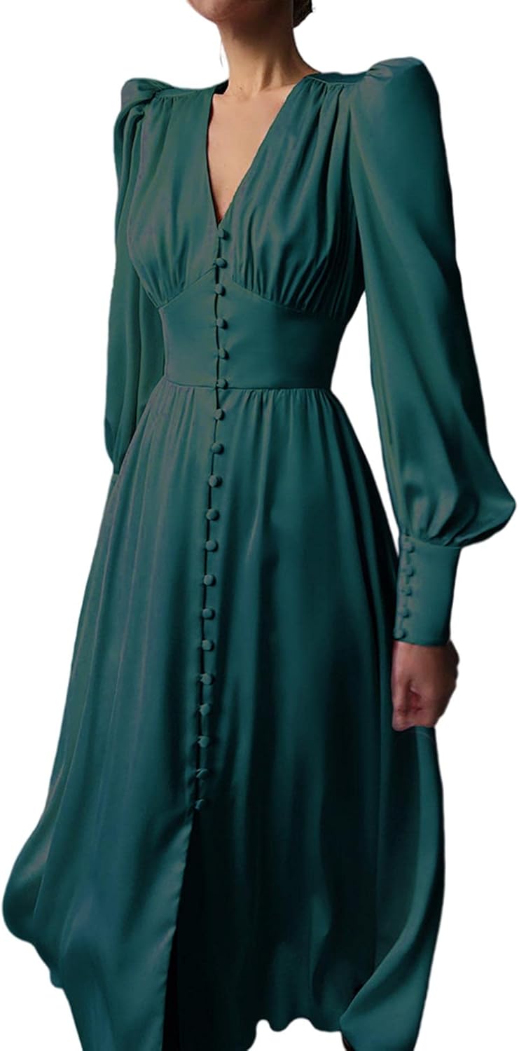 xxxiticat Damen Langarm Satin Maxikleid Lange Laternenärmel Knopfleiste Rüschen Einreihig Vintage Pu