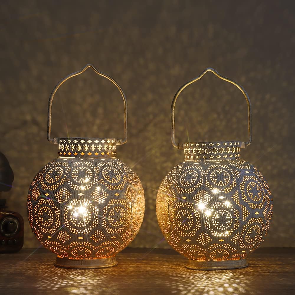 TRIROCKS Set von 2 Marokkanischen Stil Metall Tischlampe 18cm H Batteriebetriebene Kabellose Lampe m