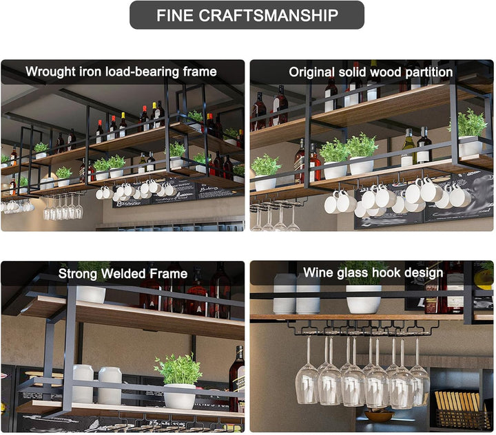 Deckenregal Weinregal mit Glashalter, Schwebendes Hängeregal 2-Lagiger Industrieller Hängender Weinf