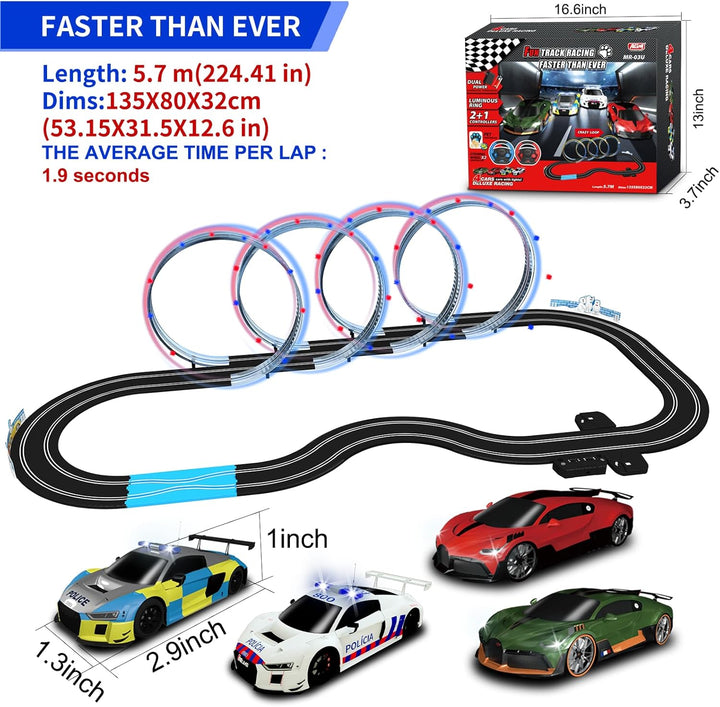 AGM MASTECH 18,7 Fuss Slot Car Rennbahn Set, 4 offiziell lizenzierte Lichtspielzeugautos, Lenkrad- u