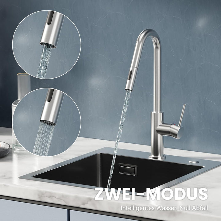 CECIPA Wasserhahn Küche, Hochdruck Küchenarmatur mit Brause Ausziehbar, V-förmiger Armatur Edelstahl