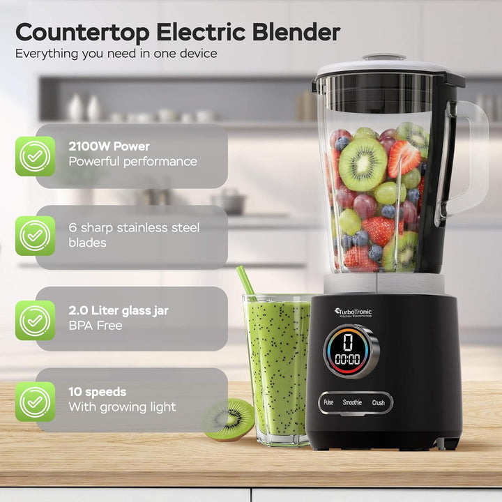 TurboTronic Standmixer - BG7-2100 Watt (25.000 RPM) mit 2,0 L Glasbehälter Edelstahl, Glas Smoothie