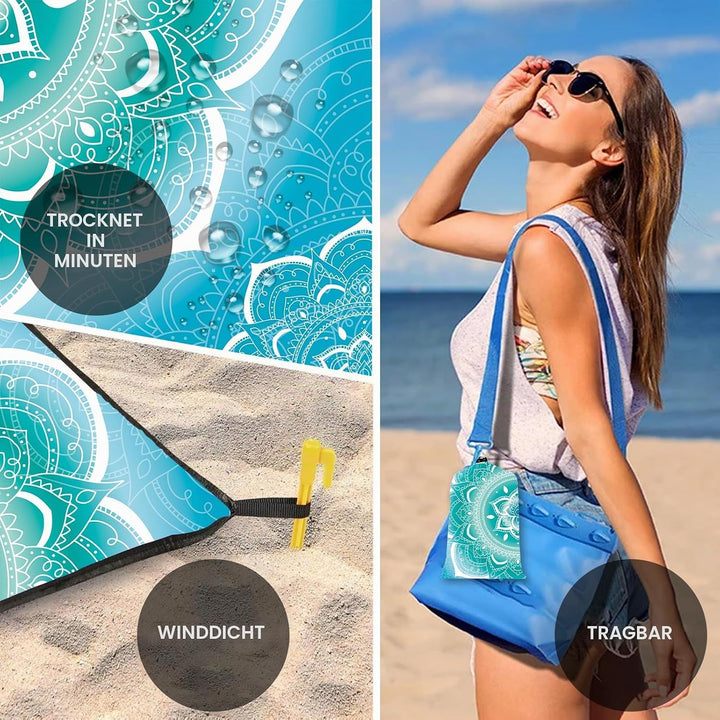 Stranddecke Sandfrei Wasserdicht Mandala 200x220cm Grosse Strandmatte Picknickdecke für 4-6 Personen