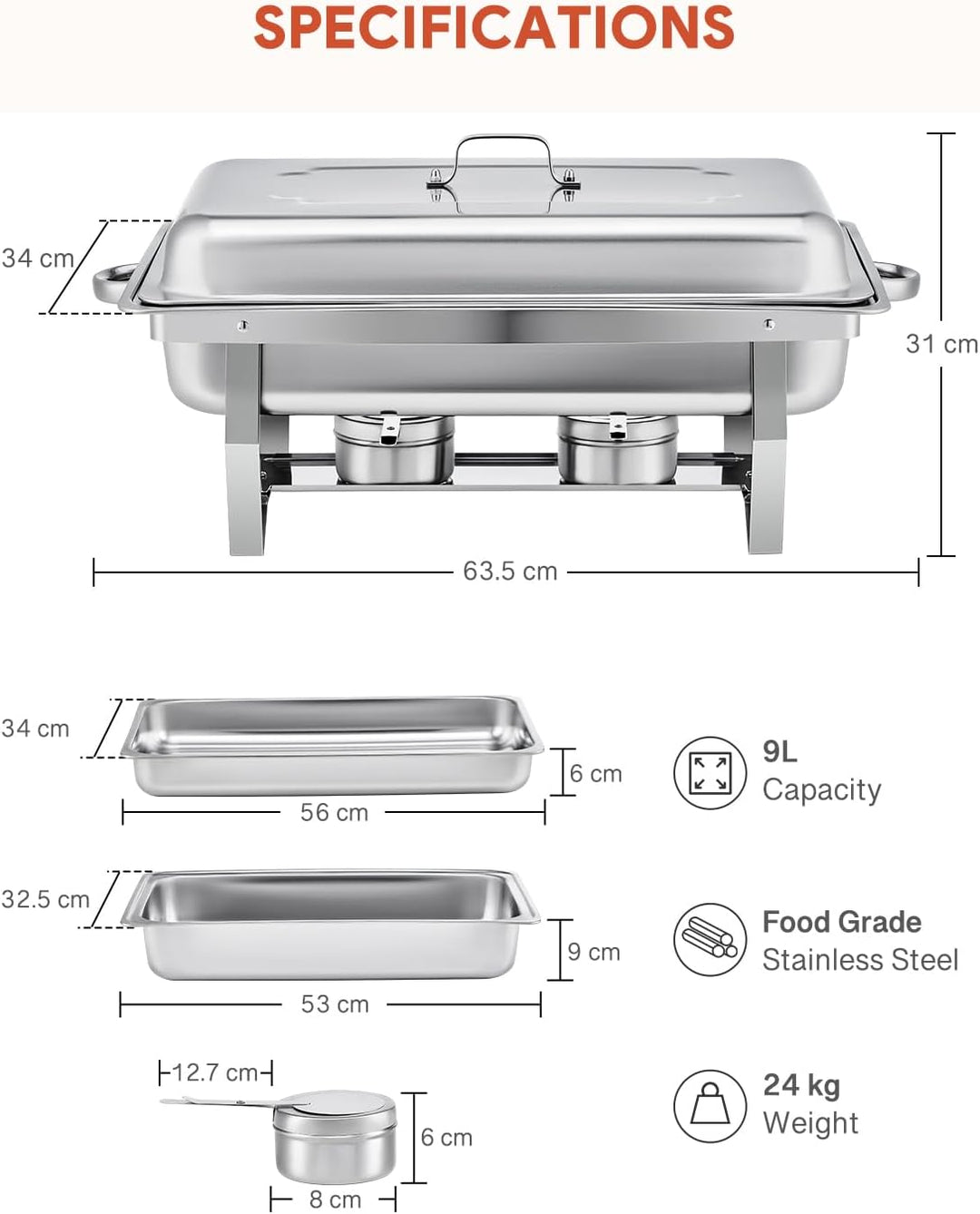 Wilprep Chafing Dish Speisewärmer 9L 6pcs Edelstahl Warmhaltebehälter Wärmebehälter Edelstahl Buffet