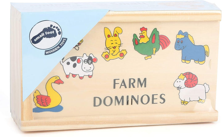 small foot Domino „Farm“ aus Holz, mit Bauernhof-Tiermotiven, in Holzbox mit Schiebedeckel, ab 3 Jah