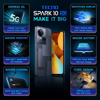 Tecno Mobile Spark 10 5G Smartphone (Android, Dual SIM, 1612 x 720 HD+ Display, 4GB RAM, 64GB Speich