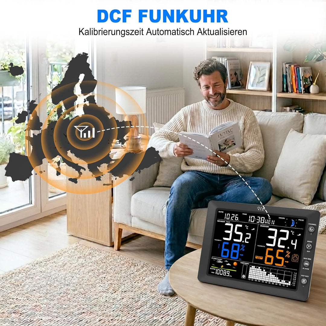 Urageuxy Wetterstation Funk mit Aussensensor, 8,3 Zoll VA-Farbdisplay, DCF Funkuhr, Wettervorhersage