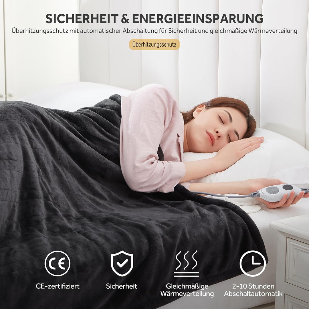 Elektrische Heizdecke, Flanell, 130x180 cm, 6 Temperaturstufen, 1-10 Std., automatisch abschaltend &