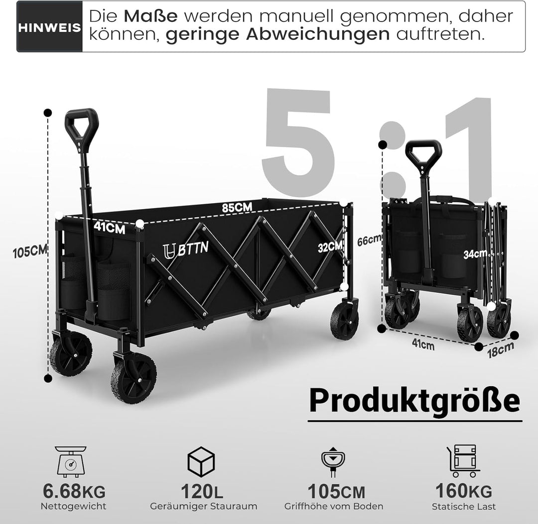 BTTN 120L Klappbarer Bollerwagen, 160kg (350LBS) Traglast Handwagen Faltbar mit Leisen Rädern, Bolle