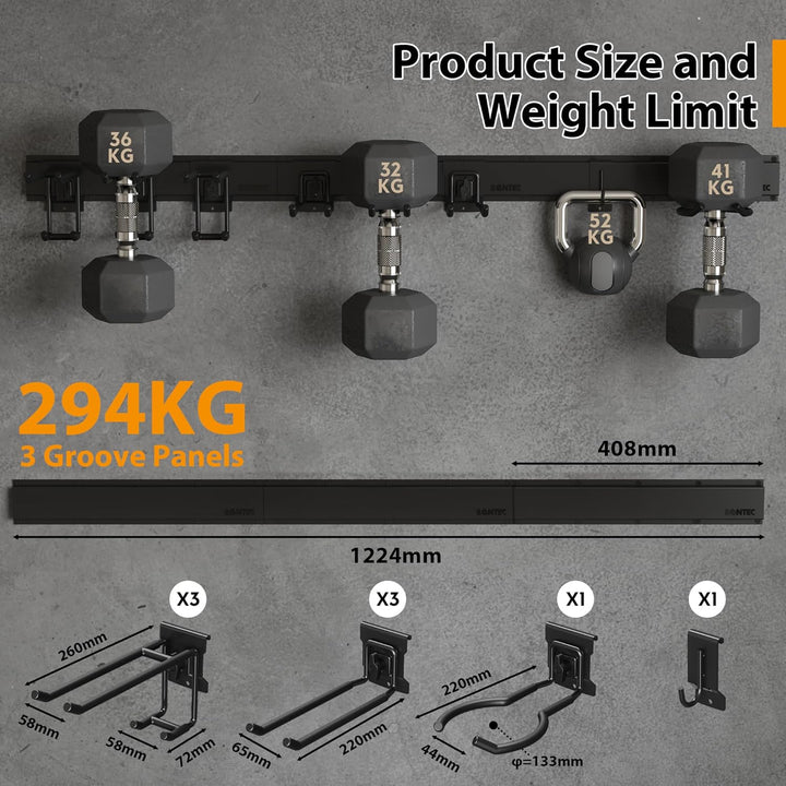 BONTEC Wandmontierter Werkzeughalter, 294kg Tragfähigkeit, 3 Rail Panels, Verstellbare Garage Wandre
