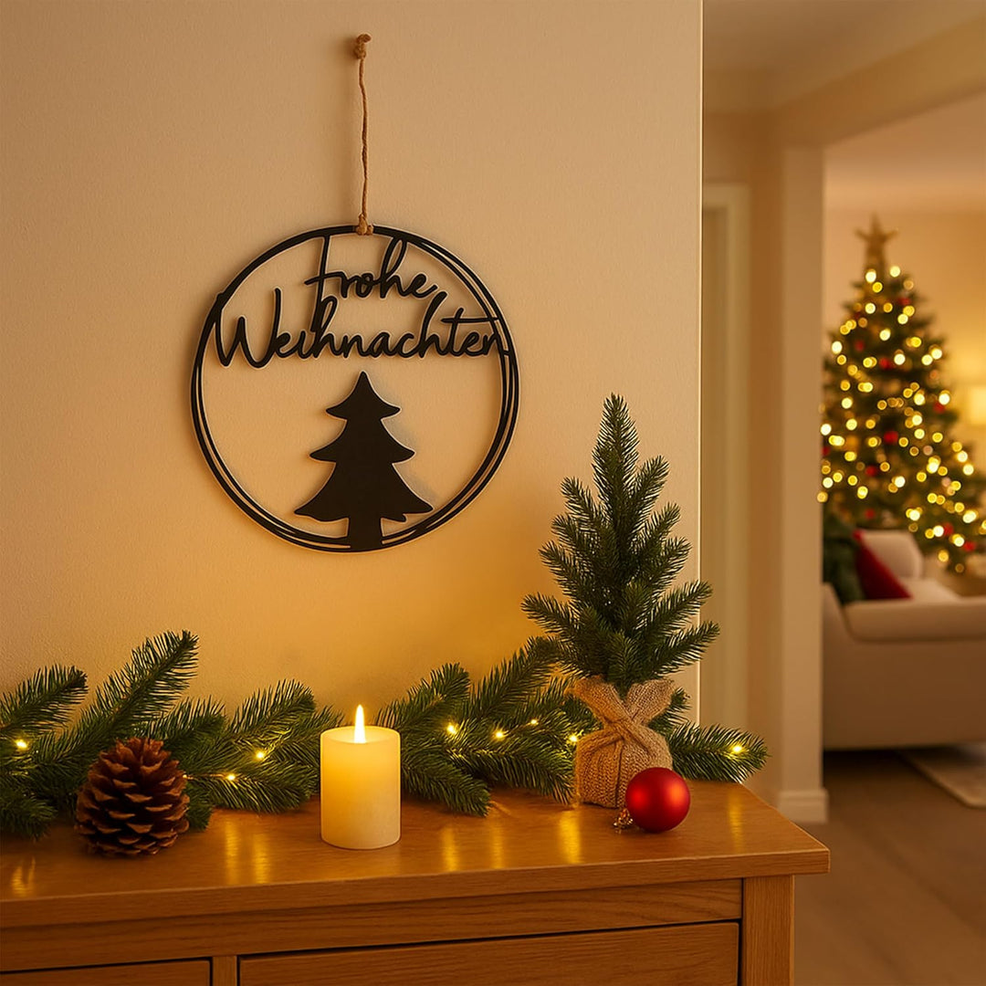 UNUS Aufhänger Frohe Weihnachten rund Ø 25 cm Metall Wanddeko mit Tannenbaum stilvolle Weihnachtsdek