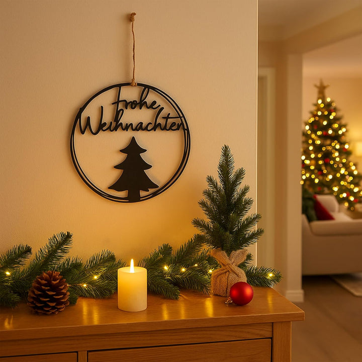 UNUS Aufhänger Frohe Weihnachten rund Ø 25 cm Metall Wanddeko mit Tannenbaum stilvolle Weihnachtsdek