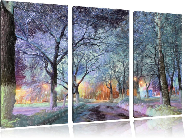 Pixxprint Baumallee im Winter Bunstift Effekt 3-Teiler Leinwandbild 120x80 Bild auf Leinwand