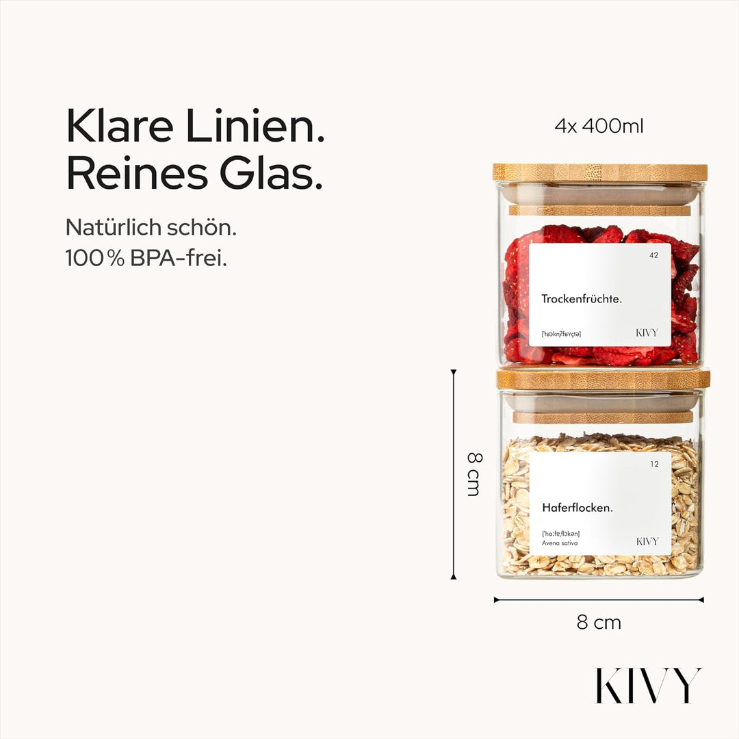 KIVY Vorratsgläser eckig [4x400ml] + Etiketten - Stapelbare & Luftdichte Aufbewahrungsgläser mit Dec