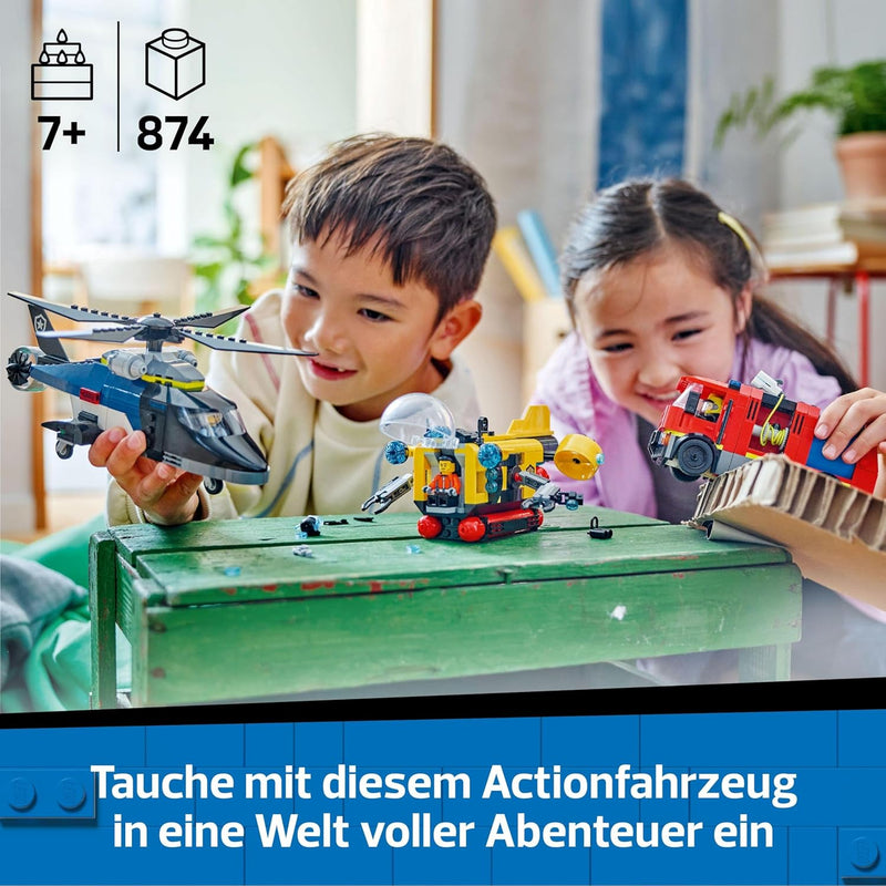 LEGO City Kombinationsset mit Hubschrauber, Löschauto und U-Boot und 3 Minifiguren - Baubare Spielze