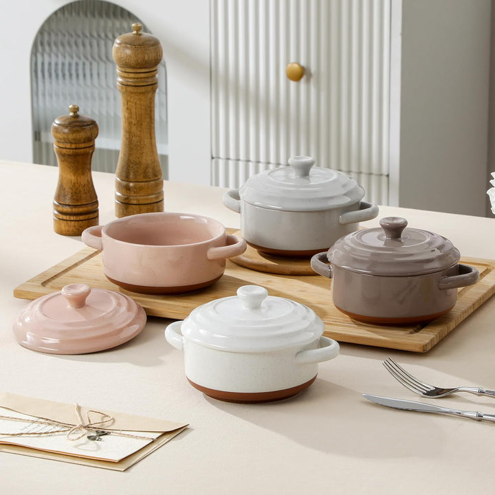 MALACASA Mini Cocotte Set 440 ml, 4 Stück Auflaufform Klein aus Steingut mit Deckel und Griffen, für