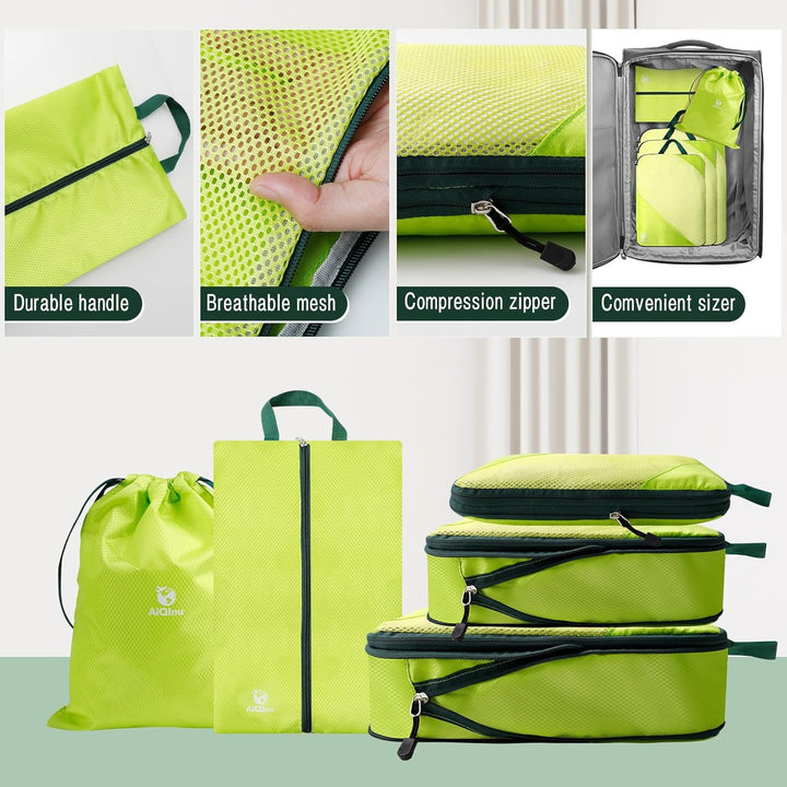 AiQInu Packing Cubes Compression, 5 Stück Packtaschen Kompression Koffer Organizer Set mit Wäschebeu