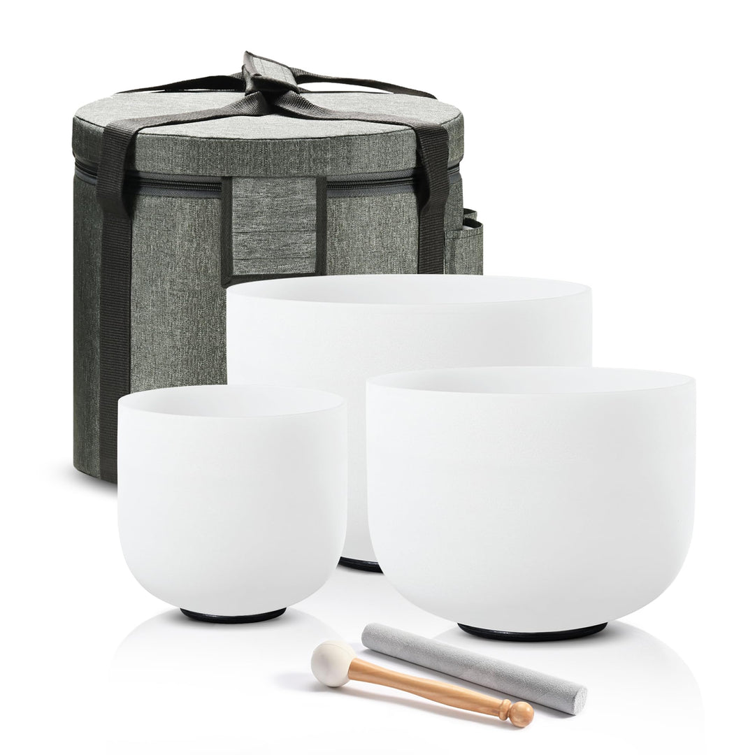 CVNC Set von 3 Singbäuchen 440Hz 6" A-Ton 8" F-Ton und 10" C-Ton Schimmernder Chakra-Quarz Kristall