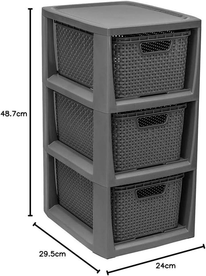 BranQ - Home essential Regal in Rattan Design, Kunststoff PP, Anthrazit, 29,5x24x48,7 cm 3 Körben An