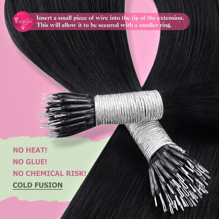 YoungSee Nanoring Extensions Echthaar Schwarz 55cm Nanoring Extensions 1g/s Nano Beads Hair Extensio