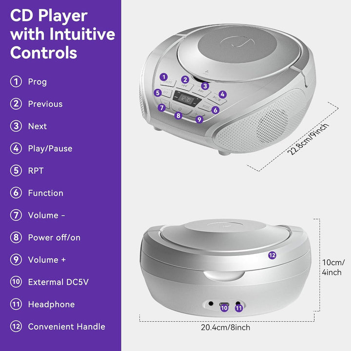 Gueray CD Player Tragbar Boombox Radio mit CD-Player CD Spieler mit Lautsprecher Display Unterstützu