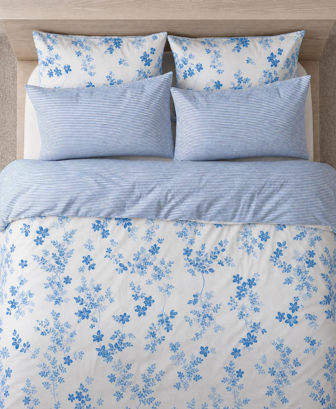LERUUM Bettwäsche Set 135X200 Baumwolle Streifen Blumen Reversibel Blau Bettbezugen (135 x 200 + 80