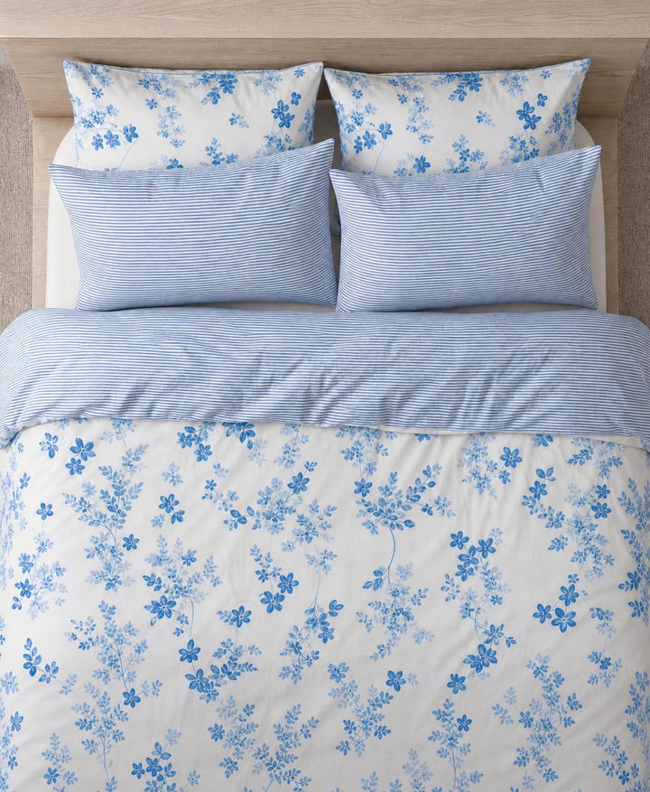 LERUUM Bettwäsche Set 135X200 Baumwolle Streifen Blumen Reversibel Blau Bettbezugen (135 x 200 + 80
