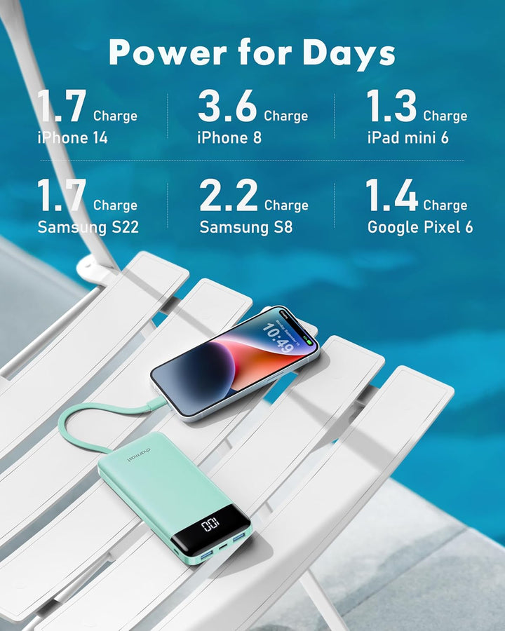Charmast Externer Akku, 10.000 mAh, mit 4 integrierten Kabeln, tragbarer Akku, USB C, dünn, Power Ba