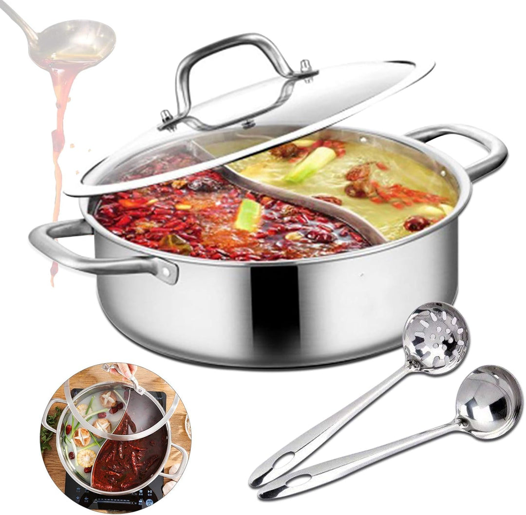 Hot Pot Shabu Topf mit doppelseitiger Trennwand, Edelstahl Suppentopf Kochgeschirr mit Löffel Küche