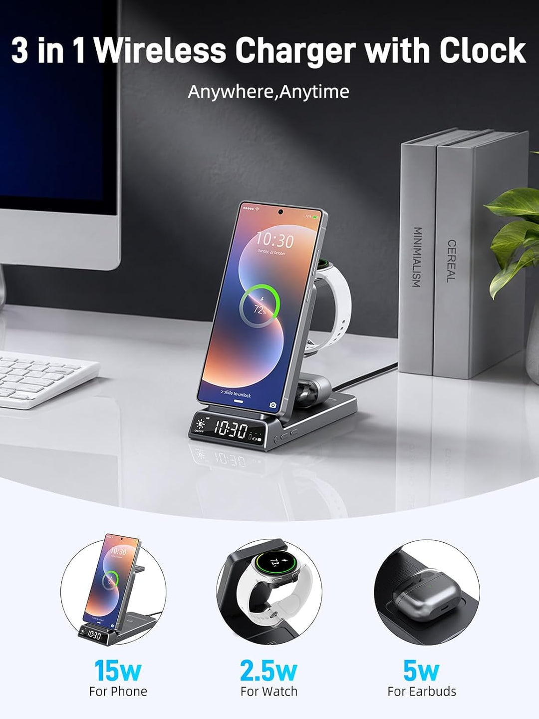 Wireless Charger für Samsung Ladestation 3 in 1 mit Uhr für Samsung Galaxy S26/S25/Z Fold 7/Flip 7/B