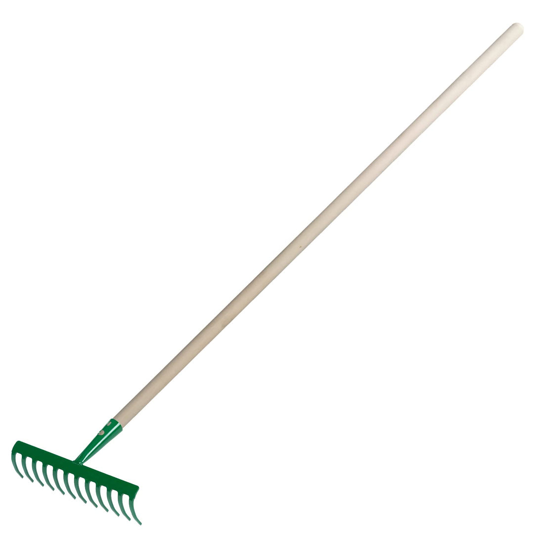 Garten Gerät Harke Rasen Boden Erde Rechen 12 Zinken Stahl grün Gartenrechen 30,0 cm mit Holz Stiel