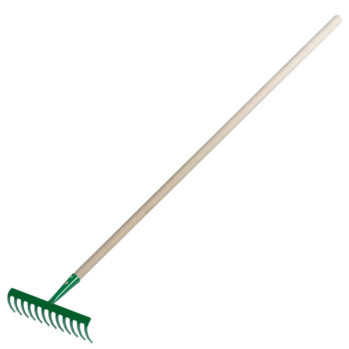 Garten Gerät Harke Rasen Boden Erde Rechen 12 Zinken Stahl grün Gartenrechen 30,0 cm mit Holz Stiel