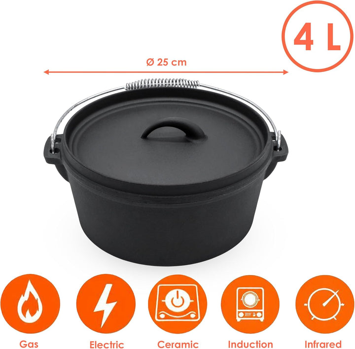 Spetebo Dutch Oven 25 cm - Gusseisen Feuerkessel mit Tragegriff - Feuer Koch Topf Bräter, Dutch Oven