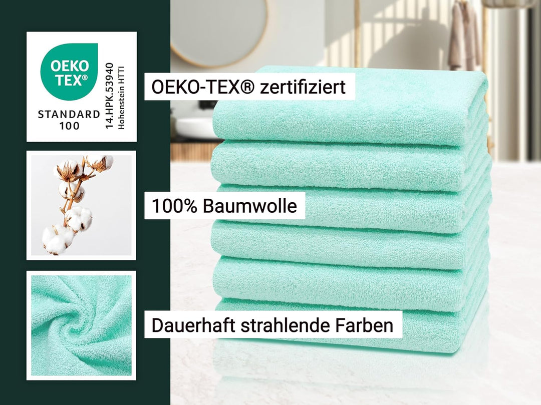 ZOLLNER 6er Set Handtücher, kleine Badetücher, 50x100 cm, Baumwolle, Mint 6x Handtücher Grün, 6x Han