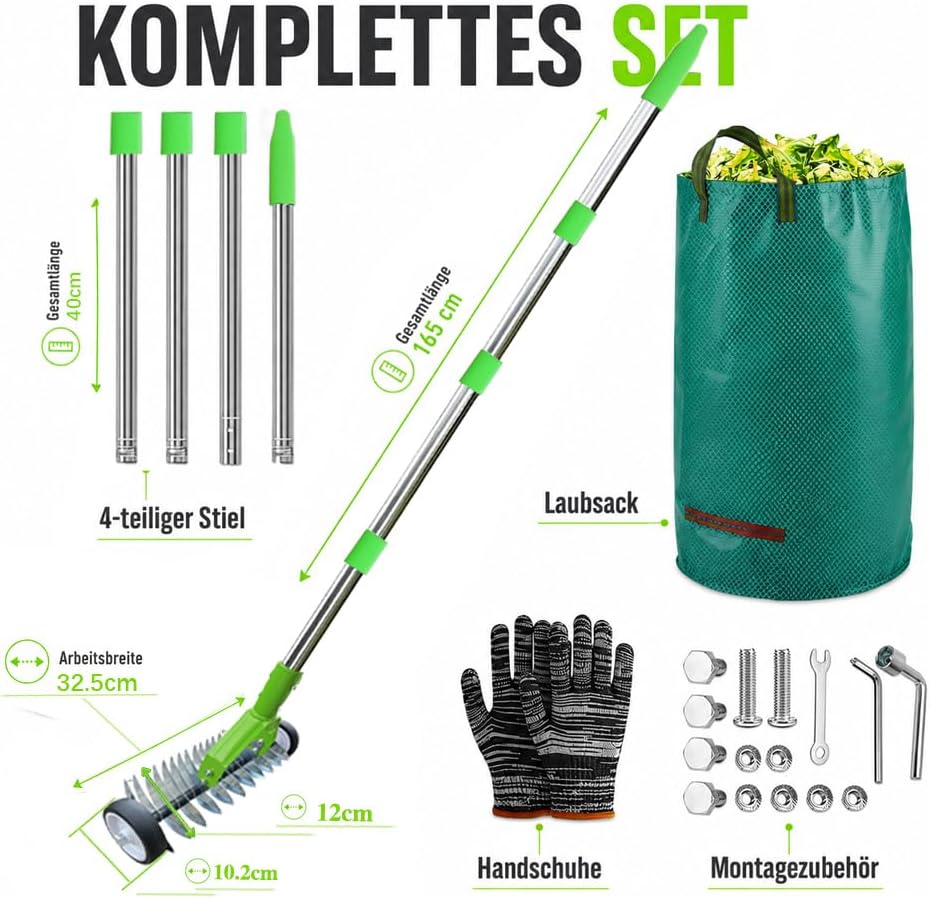 Handvertikutierer mit Rollen, 165cm Vertikutierrechen Garten, Rasenrechen mit Rädern, Laubrechen mit