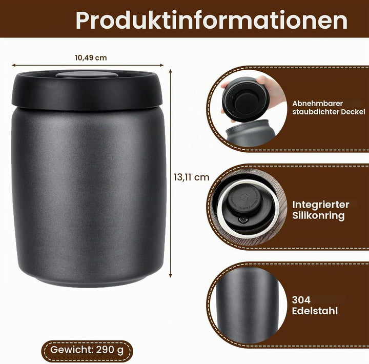 VINATO 0,8L Edelstahl Kaffeedose Vakuumbehälter für Kaffee, Tee oder Lebensmittel – Luftdicht, Aroma