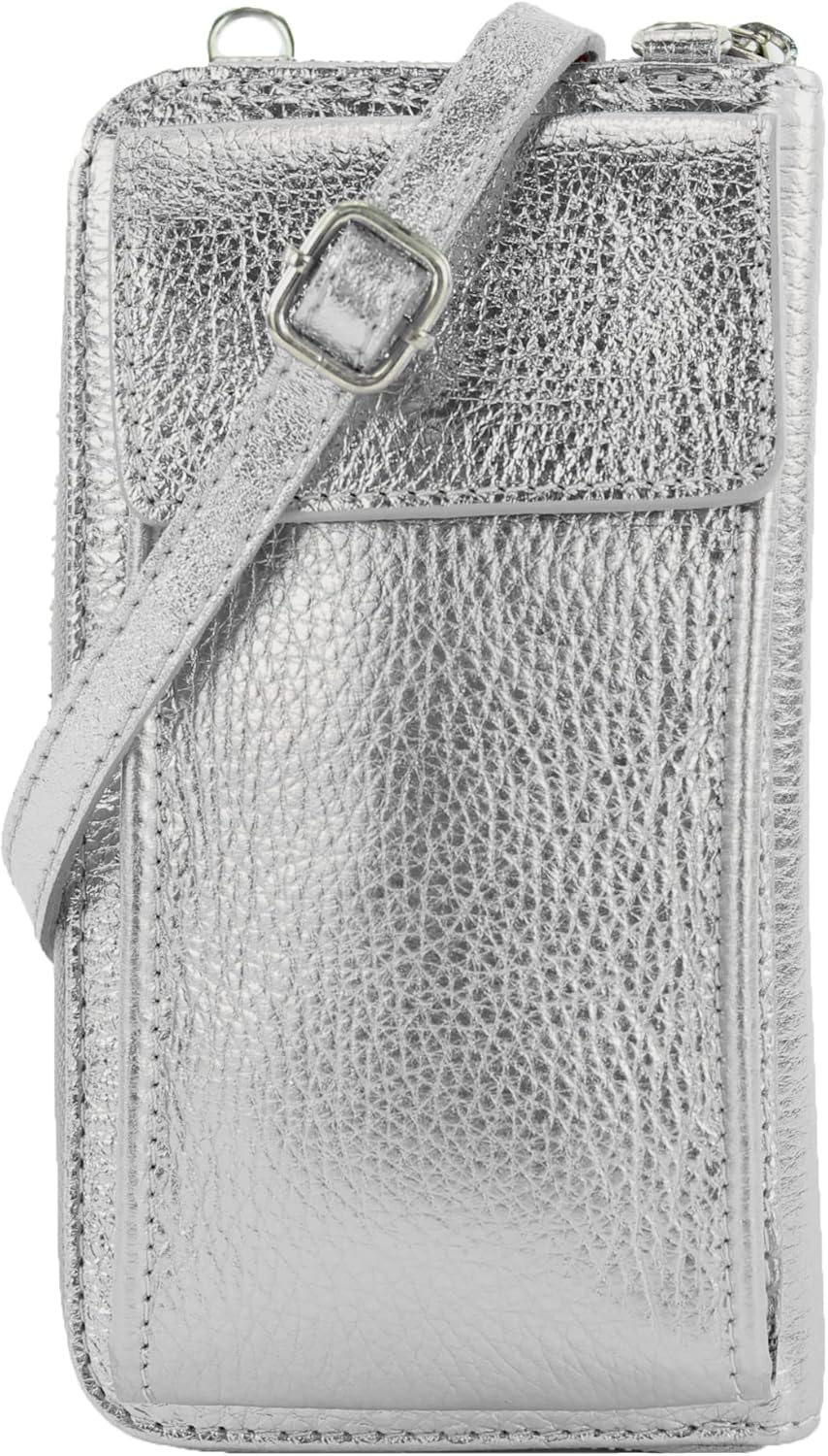 modamoda de - P06 - ital. Damen Umhängetasche Geldbörse Handytasche Leder Silber, Silber