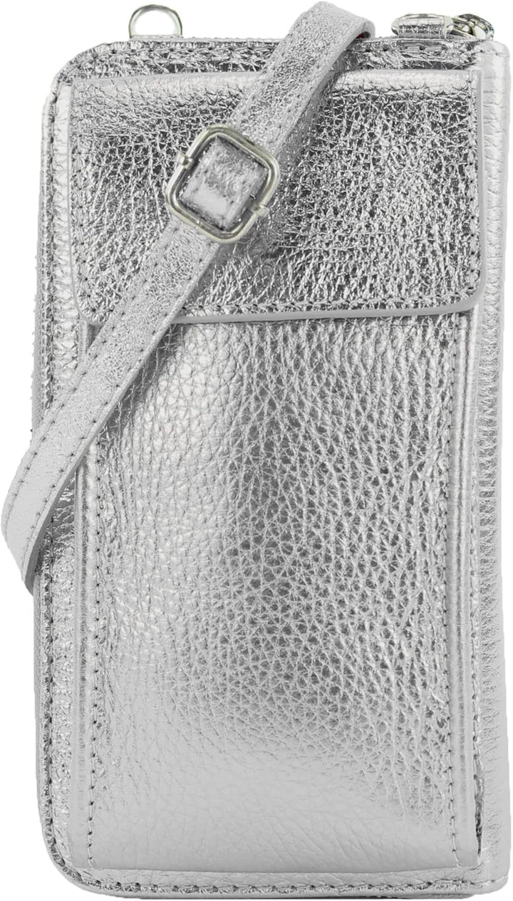 modamoda de - P06 - ital. Damen Umhängetasche Geldbörse Handytasche Leder Silber, Silber